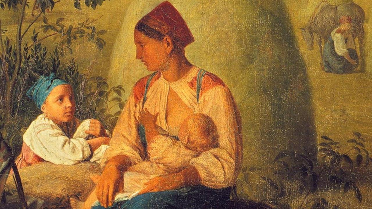 Картина кормит младенца женщина
